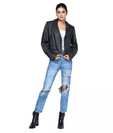 LADIES CROSS STITCH LEATHER JACKET